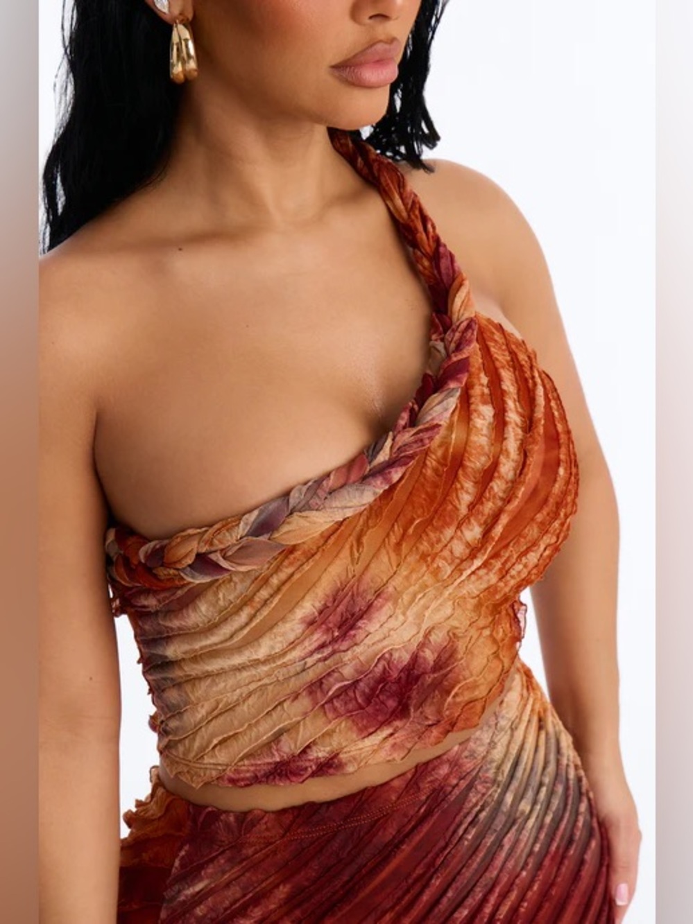 Fashion Nova Rust Tie-Dye One-Shoulder Crop Top & Midi Skirt Set NWT - Picture 2 of 8